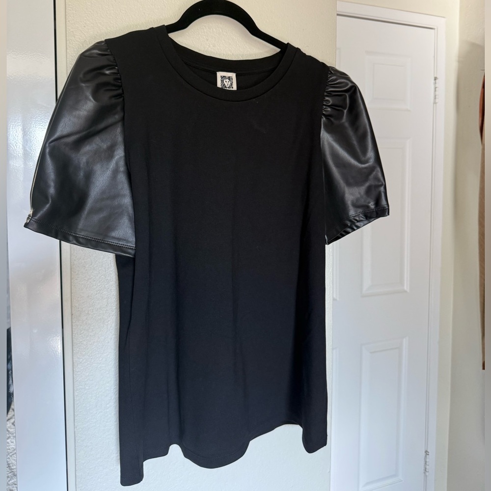 Anne Klein Black Blouse with Faux Leather Sleeves